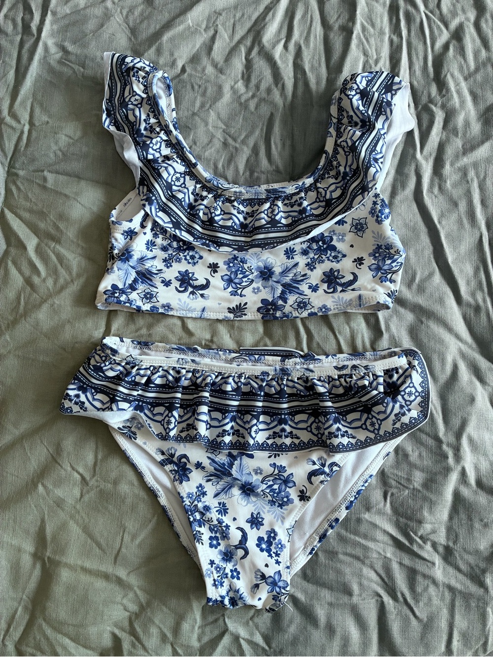 Tahari White and Blue Floral Ruffle Bikini Set
